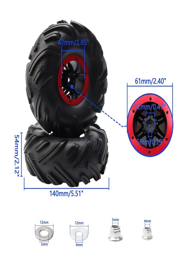 Rchobbytop 4pcs RC 2.2 Inch Crawler Tires Inflatable OD 140mm Mud Badland Tractor Tread Tyres and 12mm Wheel Rims Lock Nuts for 1:10 Monster Truck Crawling Car Traxxas Maxx Axial RC4WD, Red - Image 2